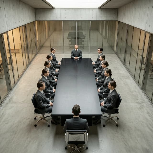 A cinematic, hyper‑realistic overhead shot of a futuristic boardroom, embodying the concept of absolute rationalism and strict discipline. The setting is a masterpiece of minimalist brutalist architecture, featuring clean geometric lines, polished grey concrete, and smooth glass surfaces. A group of professional employees, dressed in identical, impeccably tailored dark‑grey suits, are arranged in a perfectly symmetrical manner around a massive monolithic obsidian table. All those present maintain a strict, disciplined posture, their gazes fixed ahead with clinical precision, which reflects a culture of strict adherence to protocol. Warm light, an old office in Germany in the 1980s. The composition is perfectly centered and symmetrical; it uses one‑point perspective to create a sense of all‑consuming order and mathematical inevitability. The atmosphere is sterile, silent, and extremely serious. The shot is executed in the style of high-quality architectural photography with a shallow depth of field, emphasizing the flawless texture of steel, stone, and fabric. 8K resolution, high detail, shot with a Phase One XF camera, clinical aesthetics.