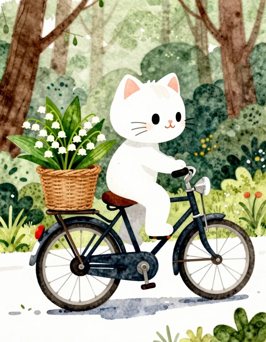 A masterpiece. Create an image. The style is watercolor painting, cartoon style. ((Vintage bike with a basket of lilies of the valley on the trunk at the back, rides through the forest, a cute fluffy white kitten rides and controls it:1.6)). High resolution. High detail and clear texture. Close-up. High quality. Increased attention to small details. The aspect ratio is 3:4. The artist is Levitan.