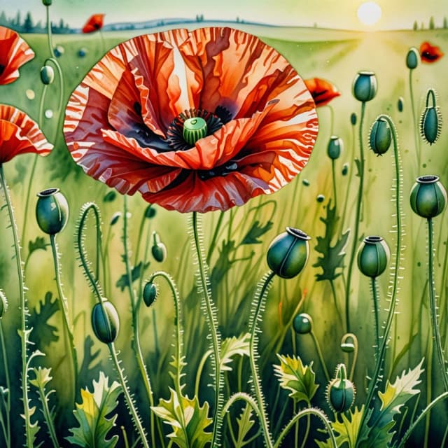 A masterpiece. Watercolor painting. (An image of a red poppy flower on a sun‑drenched, green meadow.)). Close‑up. High resolution. High quality. Increased attention to fine details. Hyper‑realistic surreal style, fantasy. Increased attention to the smallest details, texture, and surface. Author — Sergey Andriyaka.