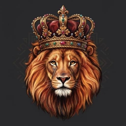 Создай дизайн принта для одежды с изображением головы роскошного льва в короне. Лев смотрит прямо вперёд, выражение морды величественное, но не агрессивное — подчёркивай благородство образа. Грива пышная, с детальной проработкой прядей, переходы оттенков от золотисто‑рыжего к тёплому медному.
Корона массивная, но изящная: используй мотивы античного или барочного стиля — витые узоры, вставки, напоминающие драгоценные камни (рубины, изумруды, сапфиры). Камни не должны выглядеть как плоские фигуры — добавь блики и полупрозрачность, чтобы передать объём.
Фон минималистичный, однотонный либо с лёгким геометрическим или этническим орнаментом в приглушённых тонах (тёмно‑бордовый, глубокий изумрудный, угольно‑серый) — так центральный образ будет выделяться. Композиция сбалансированная, с достаточным свободным пространством по краям для адаптации под разные форматы принта. Стиль — детализированная цифровая иллюстрация с эффектом художественной росписи: заметные мазки, лёгкая зернистость, игра света и тени.