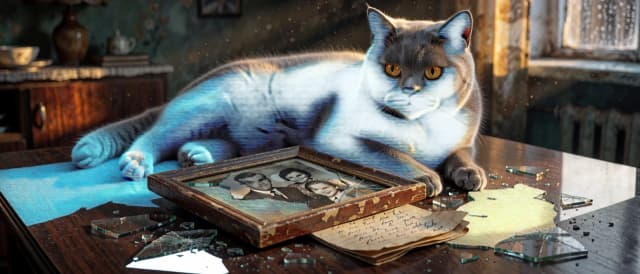 Dramatic cinematic medium close-up shot focused on a dark polished wooden table in a moody Soviet-era apartment room. A massive, mysterious ash-grey cat with piercing luminous amber eyes and a notched ear lies firmly across a broken vintage wooden picture frame with cracked glass fragments scattered around. From under the 1970s black-and-white family photograph, a folded yellowed handwritten notebook paper secretly slips out. Background shows dim cozy room with rain running down the windowpane. Moody atmospheric lighting, strong contrast between deep shadows and a single warm ray of golden morning sun illuminating the photo and cat paws. Hyper-realistic, high tactile detail, dust particles in light beam, 50mm macro photography, 8k resolution. --ar 16:9 --no illustration, drawing, painting, distorted paws, blur, modern gadgets, text, watermark