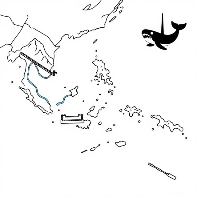 Vintage nautical map, 2D top-down view, black contour, white background, vector image. In the top left, an island with mountains, rivers, a port, and a fort. A chain of archipelago islands stretches down and to the right from the main island. In the top right, a symbol of a kraken. line art, minimalist, cartography, clean background, sharp lines