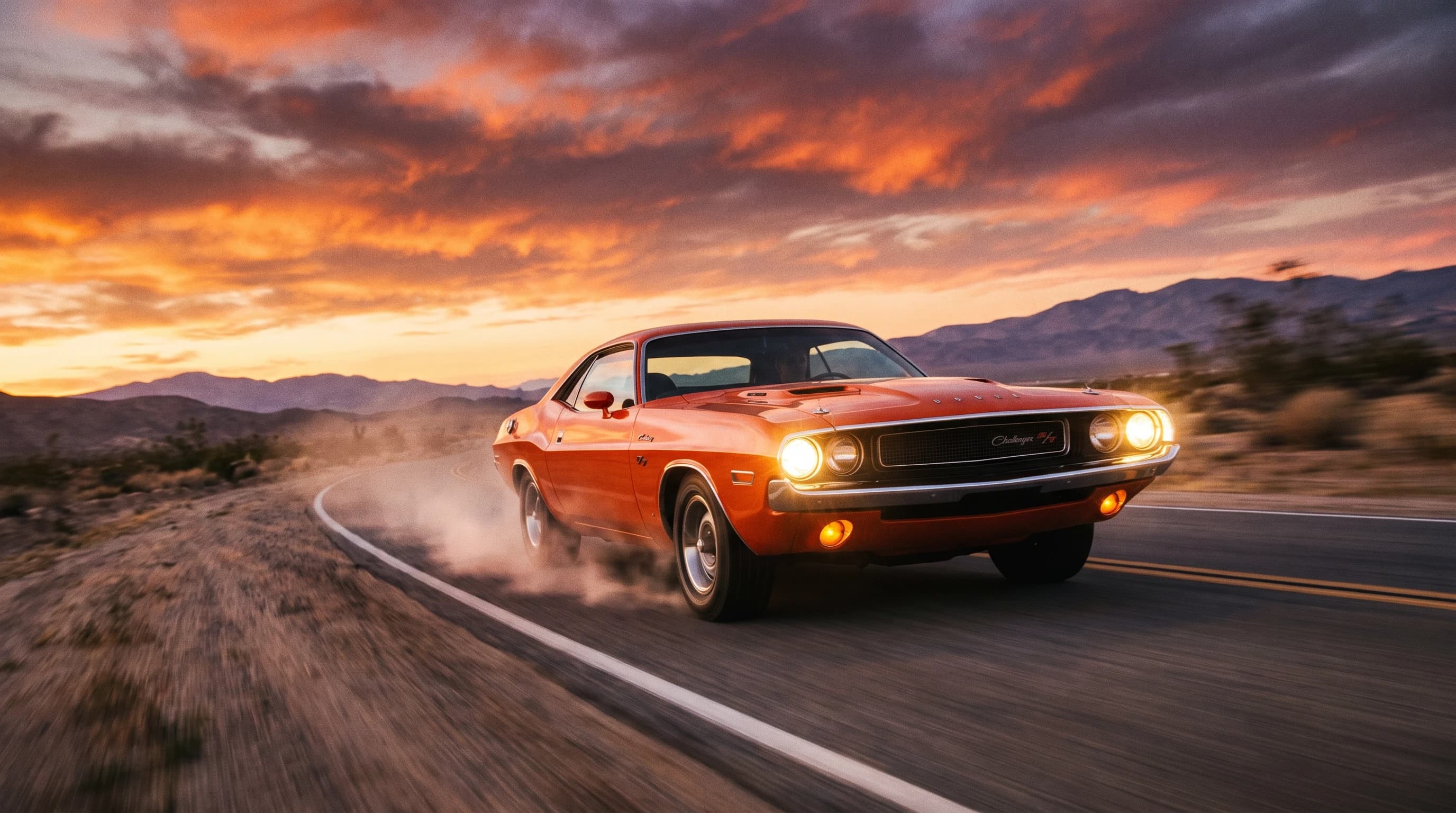 Dodge Challenger 1970 года, оранжевый окрас, едет по дороге, эпичный ракурс, эффект скорости, горящие фары, кинематографичная съёмка, шедевр
