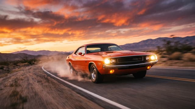 Dodge Challenger 1970 года, оранжевый окрас, едет по дороге, эпичный ракурс, эффект скорости, горящие фары, кинематографичная съёмка, шедевр