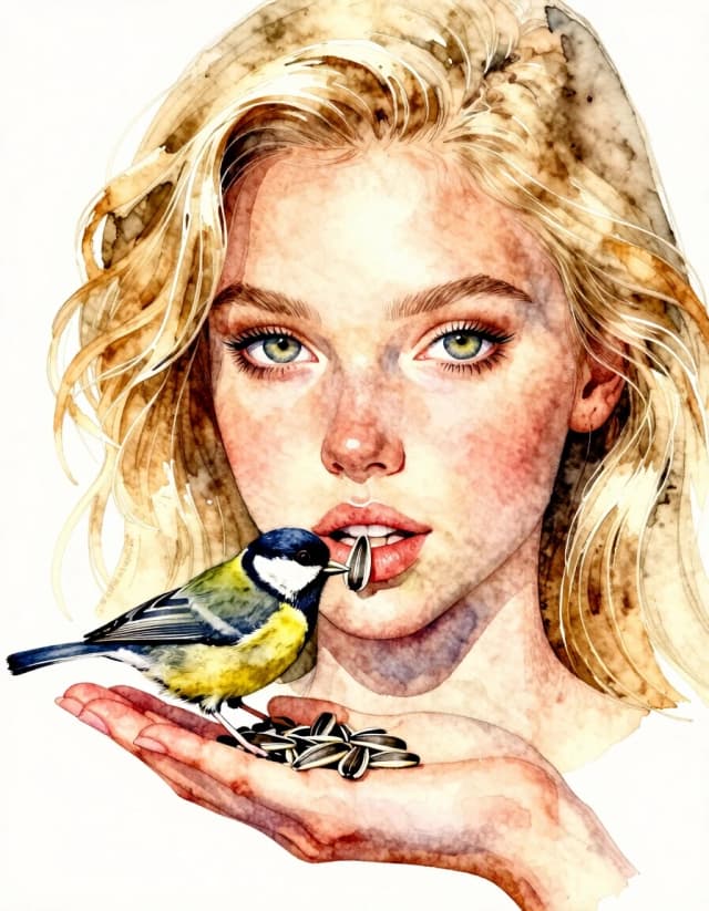 A masterpiece. Style: watercolour. (Image. A beautiful girl, a striking blonde with expressive gray‑green eyes and sharp facial features, is feeding a tit on her palm with sunflower seeds.):1.8. High quality. High resolution. Increased attention to fine details and texture. Artist: Sergey Andriyaka.