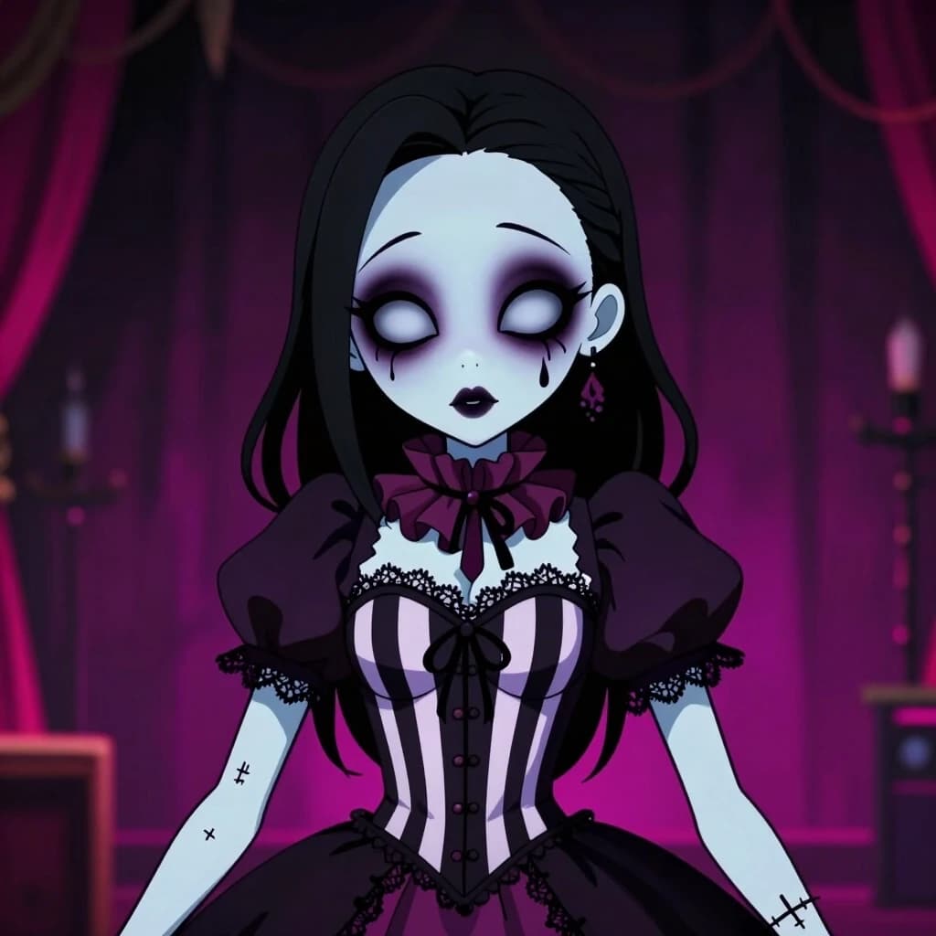 2D anime visual novel character art style, a creepy-cute goth puppet girl from "The Freak Circus", very pale porcelain skin, large expressive hollow eyes with dark heavy eyeshadow, small painted lips. She wears a vintage dark ruff collar, a black and white striped corset, and a tattered circus dress with lace. Stitched joints on her arms, subtle teardrop makeup on her cheek. Distinct sharp linework, smooth cel-shading, vibrant neon-accented dark background, gothic circus aesthetic, high quality 2D game sprite.