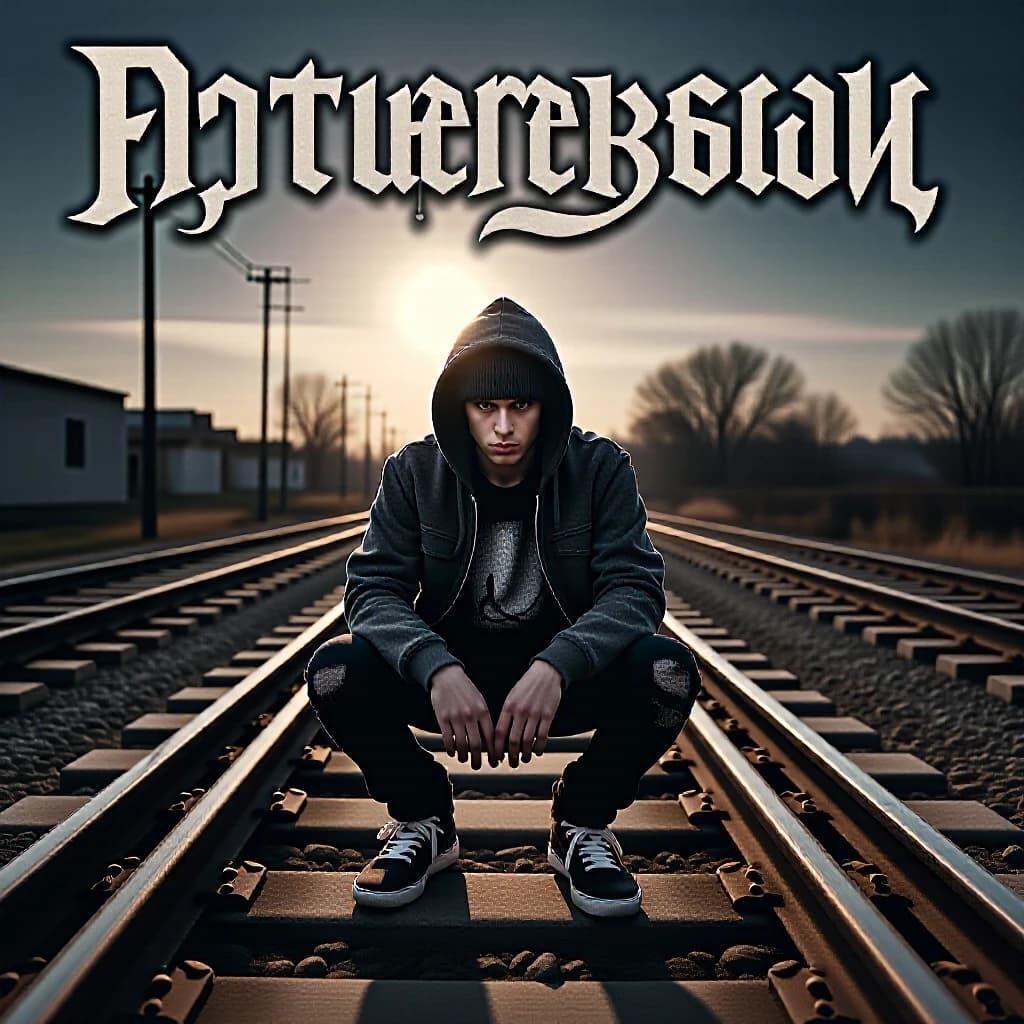 young man sitting on railroad tracks in the middle of an empty railway, streetwear style, hoodie and sneakers, urban vibe, dramatic sunset light, cinematic shadows, hip-hop album cover, gritty texture, film grain, high detail