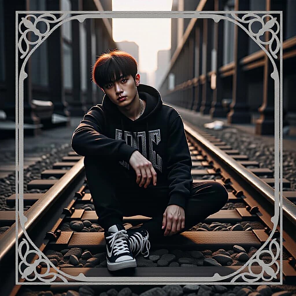 young man sitting on railroad tracks in the middle of an empty railway, streetwear style, hoodie and sneakers, urban vibe, dramatic sunset light, cinematic shadows, hip-hop album cover, gritty texture, film grain, high detail