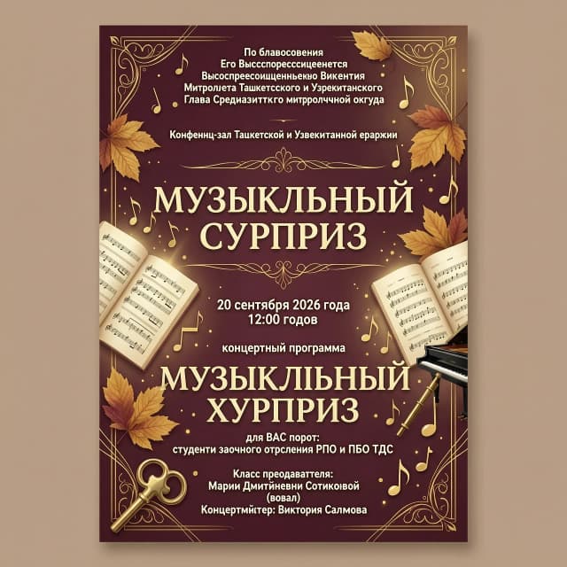 Написание текста
Промт для афиши — «Музыкальный сюрприз»

Создай элегантную, торжественную и атмосферную афишу православного музыкального концерта в вертикальном формате, премиальный дизайн, высокая детализация, гармоничная типографика.

Цветовая гамма: благородные осенние тона — глубокий бордовый, винный, тёплый золотой, кремовый, приглушённый бежевый, оттенки осенней листвы. Мягкое золотистое свечение, эффект дорогой бумаги, тонкие декоративные элементы.

Композиция:
в верхней части — изящное, сдержанное оформление с лёгкими православными мотивами, тонким золотым орнаментом. В центре — крупный выразительный заголовок «МУЗЫКАЛЬНЫЙ СЮРПРИЗ» золотыми или кремовыми буквами с красивой классической типографикой.

На фоне и по краям композиции разместить:

раскрытые нотные листы;
нотный стан и изящные музыкальные ноты;
большой декоративный скрипичный ключ;
классическое рояльное/фортепианное оформление;
несколько осенних листьев золотисто-бордовых оттенков;
мягкие световые блики и золотую пыль;
тонкие декоративные линии, напоминающие музыкальный орнамент.

Фортепиано можно показать частично, например клавиатуру или силуэт концертного рояля, чтобы оно не перегружало композицию. Музыкальные элементы должны выглядеть изысканно и реалистично, а не мультяшно.

Верхний текст афиши:

«По благословению
Его Высокопреосвященства
Высокопреосвященнейшего Викентия
Митрополита Ташкентского и Узбекистанского
Главы Среднеазиатского митрополичьего округа»

Ниже аккуратно разместить:

«Конференц-зал Ташкентской и Узбекистанской епархии»

Дата и время выделить визуально:

«20 сентября 2026 года
12:00 часов»

Затем:

«концертная программа»

Главный акцент:

«МУЗЫКАЛЬНЫЙ СЮРПРИЗ»

Под ним:

«для ВАС поют:
студенты заочного отделения РПО и ПБО ТДС»

Нижняя часть афиши:

«Класс преподавателя:
Марии Дмитриевны Сотниковой
(вокал)

Концертмейстер: Виктория Салимова»

Стиль: современная афиша классической музыки + элегантная православная эстетика + уютная золотая осень. Очень красиво, благородно, празднично, камерно и тепло. Фотореалистичные музыкальные детали, профессиональная полиграфическая композиция, дорогой визуальный стиль, идеальная иерархия текста, много воздуха, без визуального шума.

Важно: весь русский текст должен быть написан точно, без ошибок и перестановок букв, с хорошо читаемым кириллическим шрифтом. Не добавлять никакого лишнего текста. Вертикальная афиша, формат 4:5 или A3, качество для профессиональной печати.