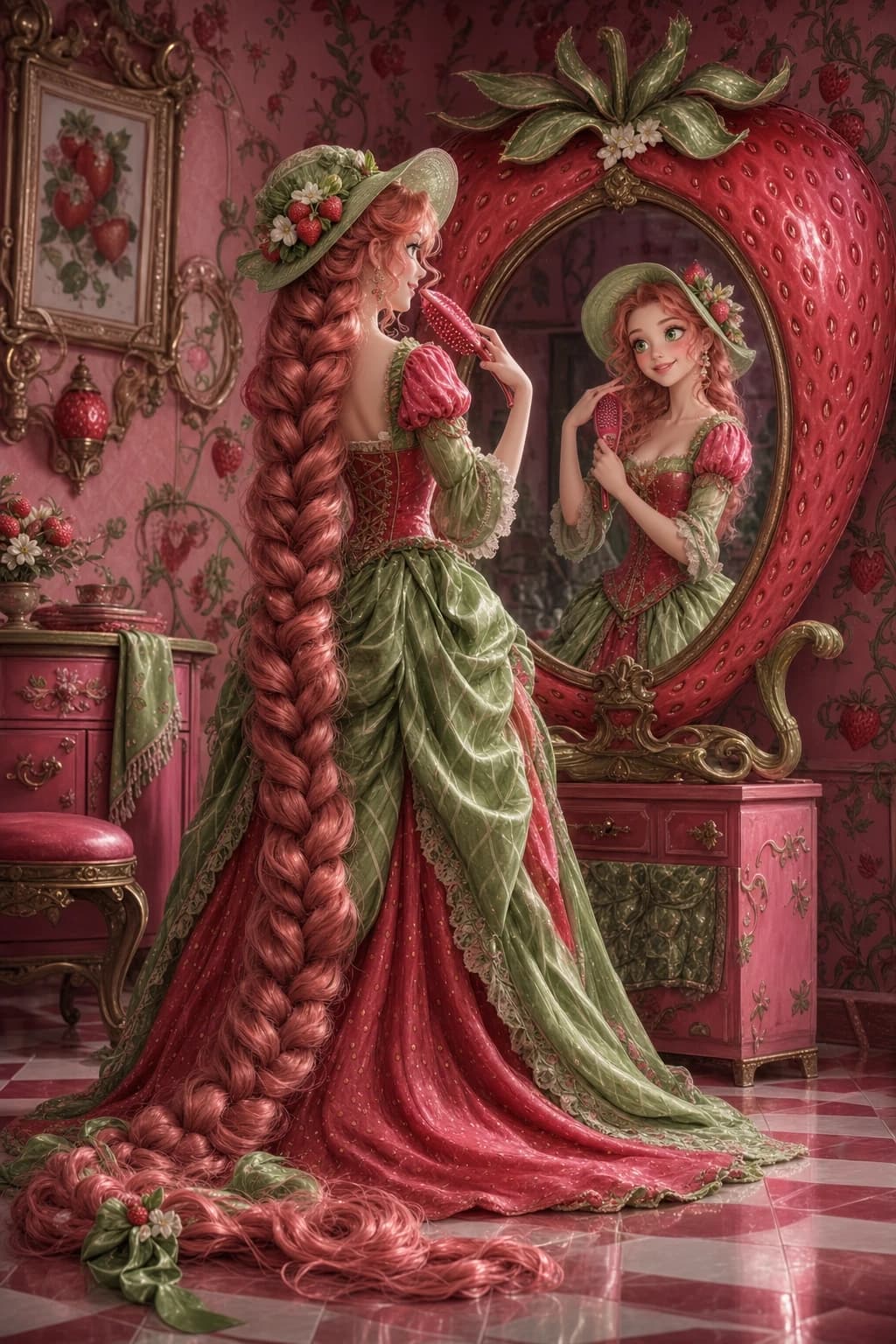 Picture a beautiful girl who looks like Rapunzel standing in front of a mirror with a strawberry-shaped frame. The girl has long hair, braided in a strawberry-colored braid, which spreads across a diamond-shaped smooth polished floor. In a pale green hat with a flower in the form of three strawberries with three white strawberry flowers. The stylish long dress is made of green and strawberry-colored fabric. A green cloth with streaks, like on strawberry leaves, and a red cloth with small yellow grains. In her hands, the girl holds a strawberry-colored massage comb by the handle and seems to be happily combing the curls framing her face. The wallpaper is pink and scarlet with a green pattern. High detail, strawberry mood atmosphere, surreal sketching.