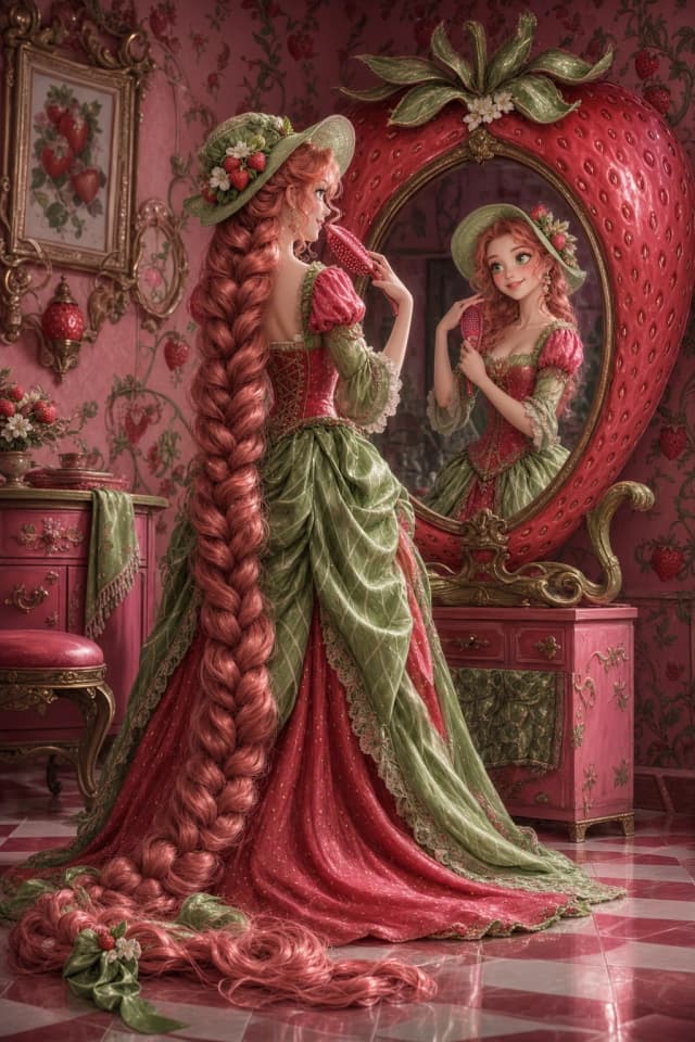 Picture a beautiful girl who looks like Rapunzel standing in front of a mirror with a strawberry-shaped frame. The girl has long hair, braided in a strawberry-colored braid, which spreads across a diamond-shaped smooth polished floor. In a pale green hat with a flower in the form of three strawberries with three white strawberry flowers. The stylish long dress is made of green and strawberry-colored fabric. A green cloth with streaks, like on strawberry leaves, and a red cloth with small yellow grains. In her hands, the girl holds a strawberry-colored massage comb by the handle and seems to be happily combing the curls framing her face. The wallpaper is pink and scarlet with a green pattern. High detail, strawberry mood atmosphere, surreal sketching.