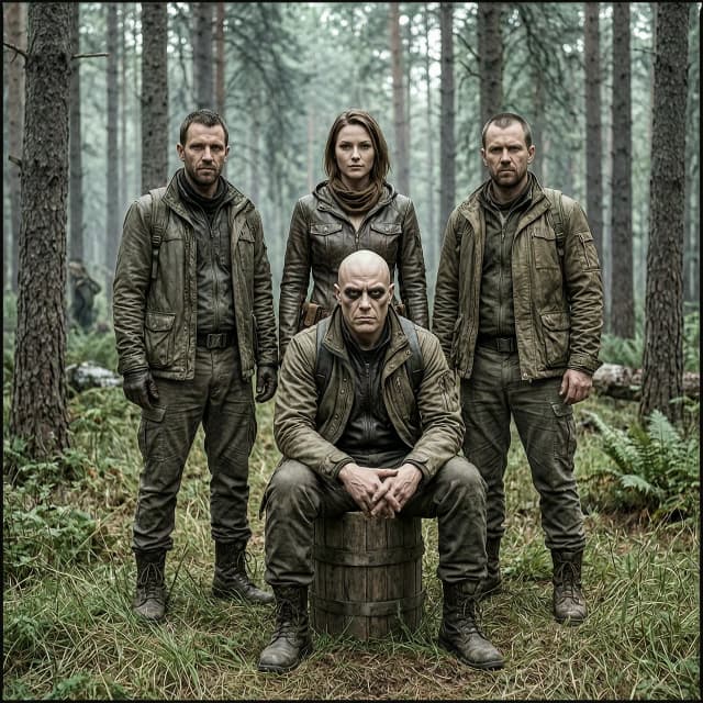 Изображение по вселенной сталкер 
Изобразить группу из четырех человек-сталкеров. Лидер группы стоит в центре - девушка по прозвищу Валькирия. С переди неё сидит сталкер Гоблин (лысый,низкий лоб, тяжёлые надбровные дуги, глубоко посаженные глаза, широкая челюсть.  роста 170 см). С боку от нее двое мужчин - сталкеры Вексель и Знахарь.