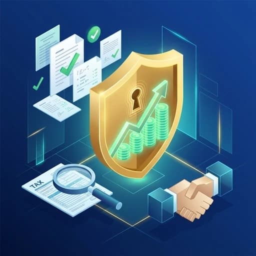 Isometric 3D illustration of tax optimization concept. Central element: a large golden shield with a keyhole, inside the shield is an upward trending arrow made of glowing green coins. Around it: floating papers with checkmarks, a magnifying glass over a tax form, and a handshake gesture formed by two geometric blocks. Background: dark blue gradient with subtle grid lines. Soft neon cyan and gold highlights. Clean, modern, vector-like, corporate style. --ar 16:9 --v 6.0