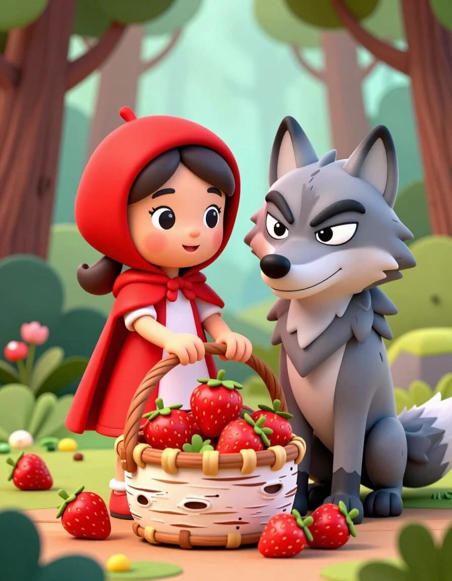 A masterpiece. Create an image. Three-dimensional image: ((Little Red Riding Hood in a red beret):1.6 and (A gray Wolf with sly, sly eyes)1.6 :ripe strawberries are harvested in a birch bark basket in the forest):1.6, clear edges, clear textures, volumetric composition, 3D depth, studio lighting, author's style, 8k resolution. Cartoon style. High detail and clear texture. High quality. Increased attention to small details. The aspect ratio is 3:4.