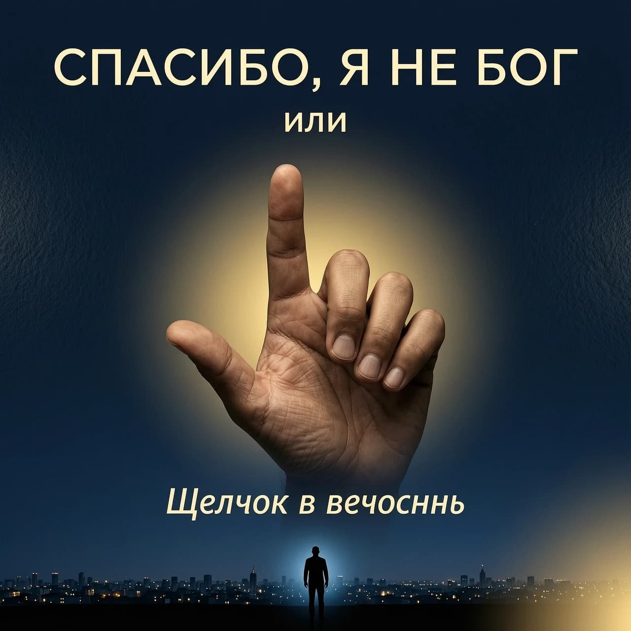 создай обложку книги на русском языке Фон: Тёмно-синий, почти чёрный, с лёгкой текстурой, напоминающей песок или пыль.
Центр: Крупным планом, вид от первого лица - ладонь направлена от нас и вперед— мужская рука, пальцы которой готовы к щелчку пальцами - большой и средний пальцы соединены, безымянный и мизинец прижаты к ладони, указательный смотрит в сторону от нас,. Вокруг них — мягкое золотистое свечение.
Верхняя часть (крупно):
СПАСИБО, Я НЕ БОГ
Чуть ниже (мелко): или
Внизу под всем изображением (курсивом, чуть крупнее «или»): Щелчок в вечность
Под текстом: Едва заметный силуэт одинокого человека на фоне бесконечного горизонта и ночного города
Цветовая гамма: Чёрный, тёмно-синий, золотой. Минимализм, строгость, атмосфера одиночества.