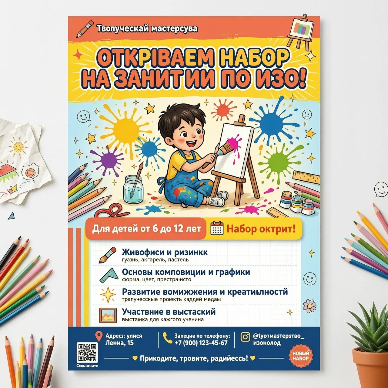 Нарисовать афишу . "Творческая мастерская" Крупный, яркий, игровой шрифт: ОТКРЫВАЕМ НАБОР НА ЗАНЯТИЯ ПО ИЗО![ЦЕНТР: Визуальный блок]Здесь располагается сгенерированный рисунок (яркие брызги красок, карандаши, довольный рисующий ребенок).[НИЖНЯЯ ЧАСТЬ: Для кого и что будет]Выделено цветом или плашкой: Для детей от 6 до 12 летСписком (крупно и понятно):🖌️ Живопись и рисунок (гуашь, акварель, пастель)📐 Основы композиции и графики✨ Развитие воображения и креативности🖼️ Участие в выставкахЗанятия [БЕСПЛАТНО / цена]📍 Адрес: [Улица Ленина, 15📞 Запись по телефону ]🌐 Наш Инстаграм