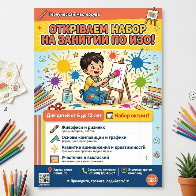 Нарисовать афишу . "Творческая мастерская" Крупный, яркий, игровой шрифт: ОТКРЫВАЕМ НАБОР НА ЗАНЯТИЯ ПО ИЗО![ЦЕНТР: Визуальный блок]Здесь располагается сгенерированный рисунок (яркие брызги красок, карандаши, довольный рисующий ребенок).[НИЖНЯЯ ЧАСТЬ: Для кого и что будет]Выделено цветом или плашкой: Для детей от 6 до 12 летСписком (крупно и понятно):🖌️ Живопись и рисунок (гуашь, акварель, пастель)📐 Основы композиции и графики✨ Развитие воображения и креативности🖼️ Участие в выставкахЗанятия [БЕСПЛАТНО / цена]📍 Адрес: [Улица Ленина, 15📞 Запись по телефону ]🌐 Наш Инстаграм