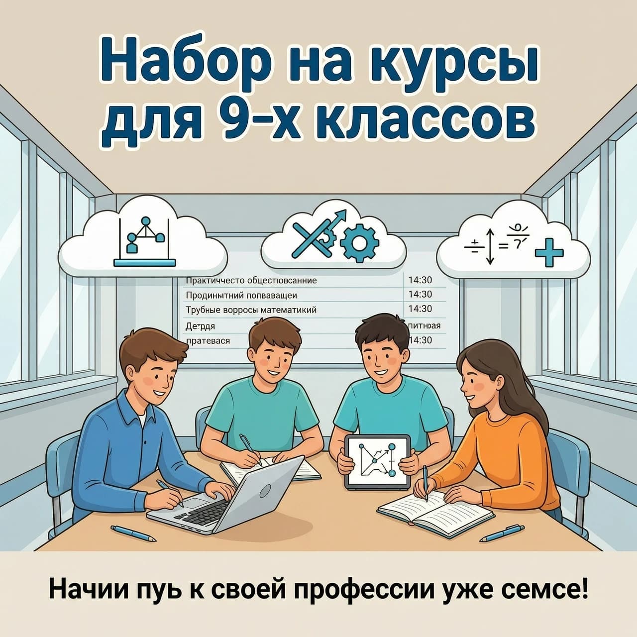 Нарисуй яркую и мотивирующую иллюстрацию для школьного объявления о курсах для 9‑классников. В центре — группа подростков (3–4 ученика) разного пола, они увлечённо работают вместе: один смотрит на экран ноутбука, другой пишет в тетради, третий изучает схему на планшете, четвёртый обсуждает задачу с одноклассницей. Вокруг них — стилизованные «облака» с символами предметов: иконка диаграммы (обществознание), значок кода и шестерёнки (информатика), математические формулы и знак «плюс» (математика).

На фоне — светлый современный школьный коридор или учебный класс с большими окнами, на стене — табло с расписанием: видны строки «Практическое обществознание», «Продвинутый пользователь», «Трудные вопросы математики» и дни/время (четверг/пятница, 14:30). В верхней части картинки крупно и читаемо размести заголовок: «Набор на курсы для 9‑х классов». Внизу — фраза-призыв: «Начни путь к своей профессии уже сейчас!».

Стиль — цифровая иллюстрация (flat design с лёгкой 3D‑текстурой), цвета — спокойные школьные (белый, светло‑серый, бежевый) плюс яркие акценты: синий, бирюзовый, оранжевый. Настроение — энергичное, дружелюбное, без перегруза деталями, чтобы легко считывались ключевые смыслы.