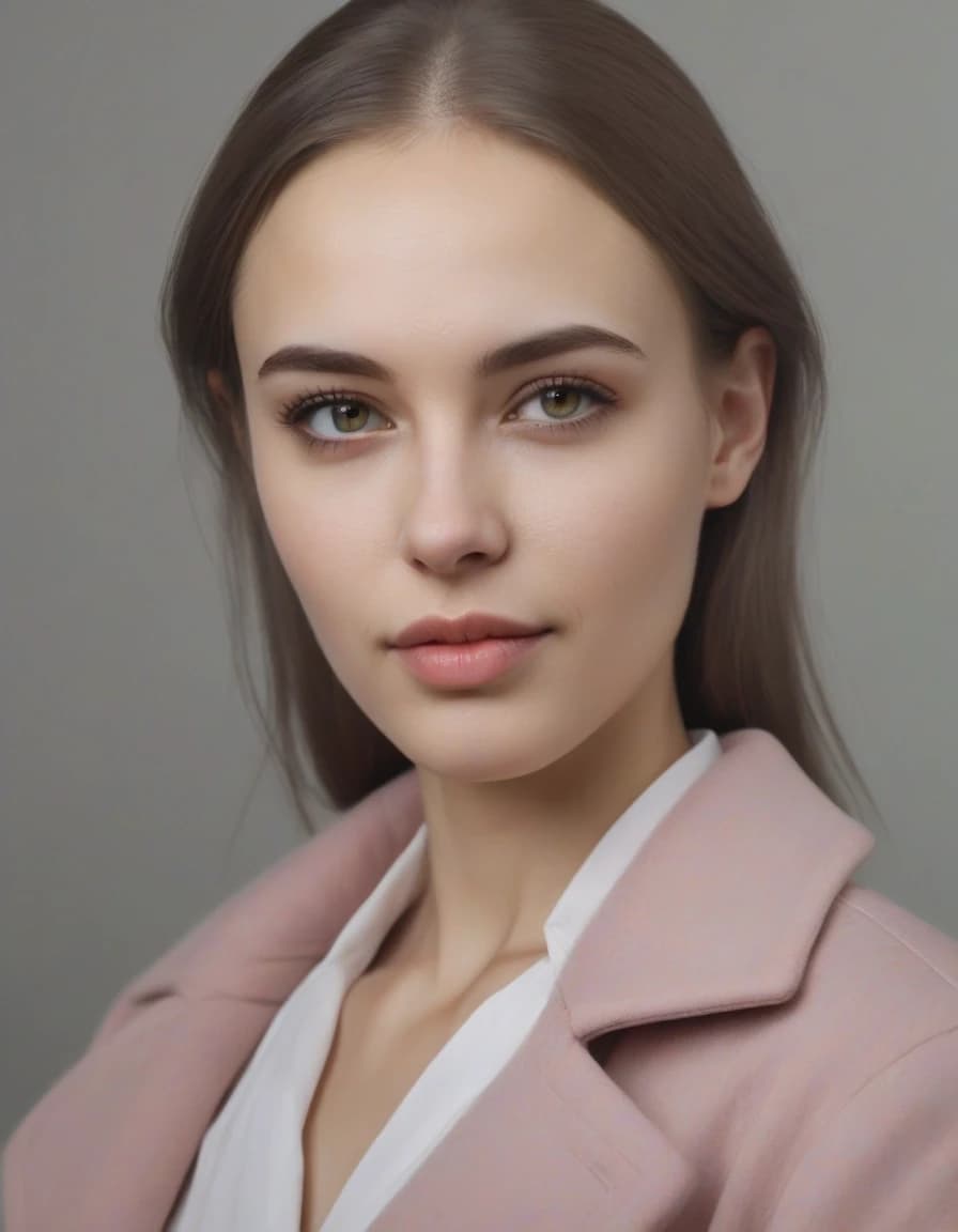 A photorealistic portrait of a beautiful young adult Russian woman, about 22 years old, Eastern European appearance. Aristocratic, elegant, refined, composed, naturally beautiful, completely bald. Oval face, high forehead, graceful cheekbones, balanced jawline, small rounded chin, expressive gray-green eyes, natural light brown eyeb gray seamless background, neutral white balance, realistic skin texture, high detail, calm confident expression, premium editorial portrait photography.rows, natural pink-beige lips, clean healthy skin, subtle facial structure, long-necked elegance, understated luxury, no recognizable resemblance to any specific real person. Minimal natural makeup, soft studio lighting, light