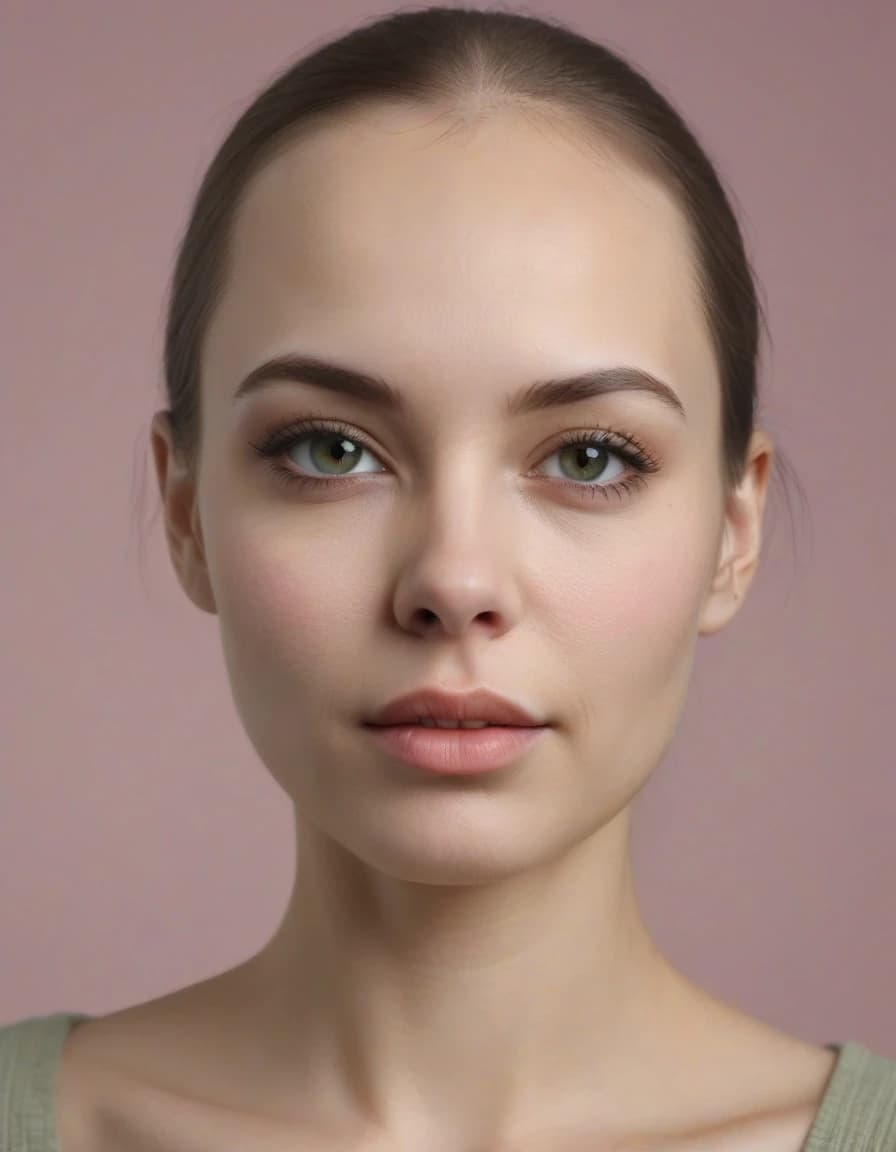 A photorealistic portrait of a beautiful young adult Russian woman, about 22 years old, Eastern European appearance. Aristocratic, elegant, refined, composed, naturally beautiful, completely bald. Oval face, high forehead, graceful cheekbones, balanced jawline, small rounded chin, expressive gray-green eyes, natural light brown eyeb gray seamless background, neutral white balance, realistic skin texture, high detail, calm confident expression, premium editorial portrait photography.rows, natural pink-beige lips, clean healthy skin, subtle facial structure, long-necked elegance, understated luxury, no recognizable resemblance to any specific real person. Minimal natural makeup, soft studio lighting, light
