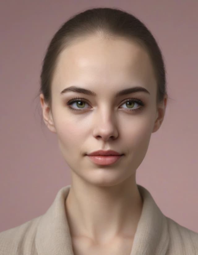 A photorealistic portrait of a beautiful young adult Russian woman, about 22 years old, Eastern European appearance. Aristocratic, elegant, refined, composed, naturally beautiful, completely bald. Oval face, high forehead, graceful cheekbones, balanced jawline, small rounded chin, expressive gray-green eyes, natural light brown eyeb gray seamless background, neutral white balance, realistic skin texture, high detail, calm confident expression, premium editorial portrait photography.rows, natural pink-beige lips, clean healthy skin, subtle facial structure, long-necked elegance, understated luxury, no recognizable resemblance to any specific real person. Minimal natural makeup, soft studio lighting, light