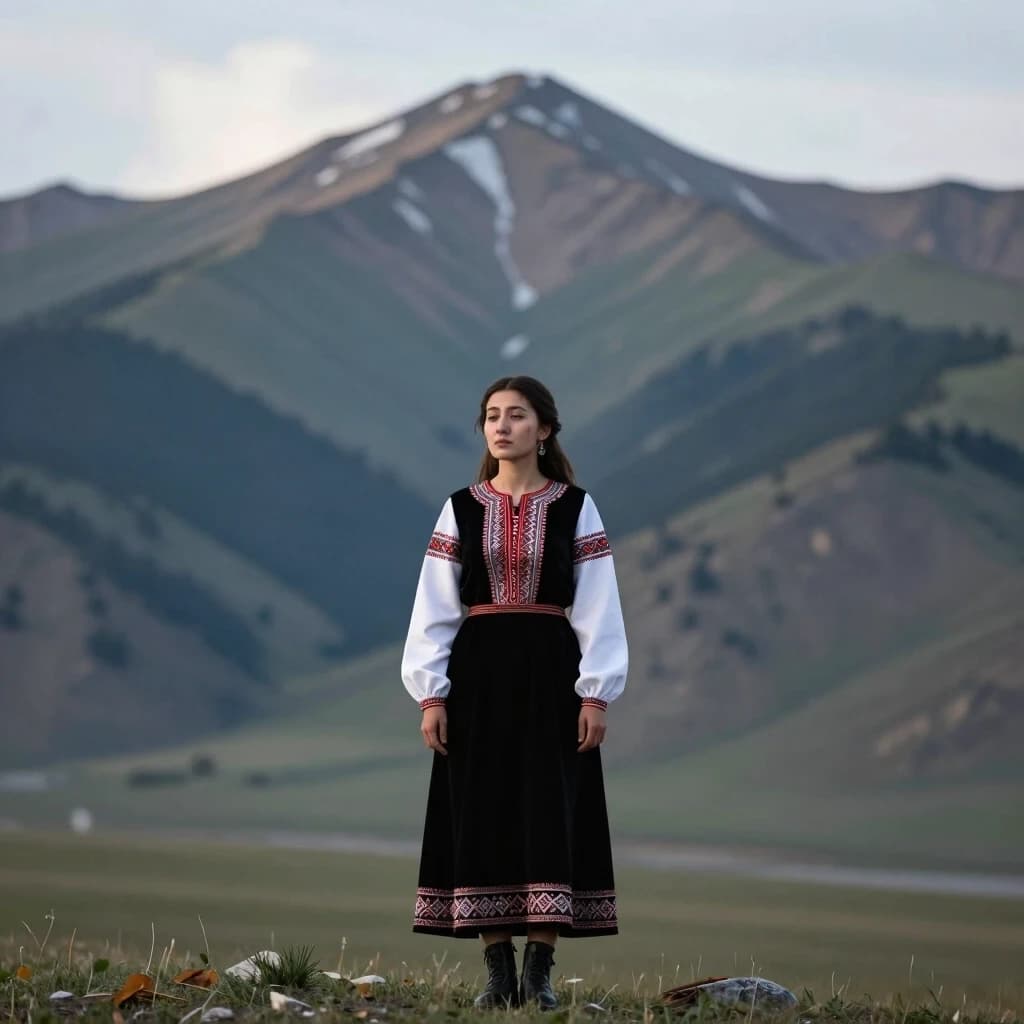 Красивый пейзаж горы Ирендек в Башкортостане, грустная красивая молодая женщина башкирка в старинном башкирском платье стоит на подножье горы.