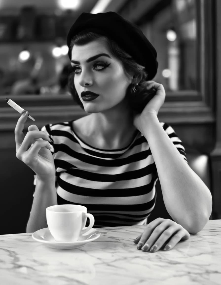 vintage monochrome portrait of a woman in a french cafe setting. the subject is depicted from the waist up, looking slightly away from the camera. she is dressed in a striped top and a classic beret, with bold makeup featuring winged eyeliner and dark lipstick. she holds a vintage cigarette holder in one hand and rests her other hand on the marble tabletop next to a white coffee cup and saucer. the lighting is soft, creating a classic mid century aesthetic