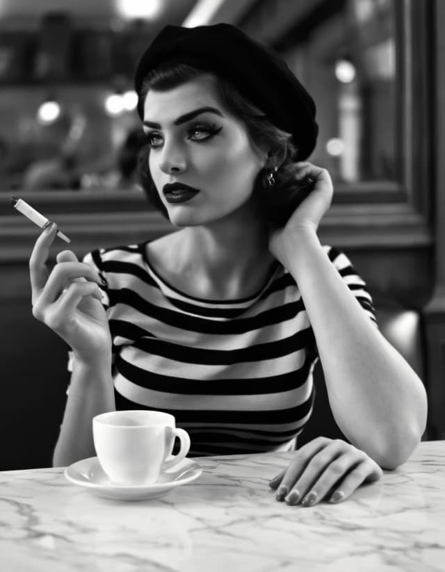 vintage monochrome portrait of a woman in a french cafe setting. the subject is depicted from the waist up, looking slightly away from the camera. she is dressed in a striped top and a classic beret, with bold makeup featuring winged eyeliner and dark lipstick. she holds a vintage cigarette holder in one hand and rests her other hand on the marble tabletop next to a white coffee cup and saucer. the lighting is soft, creating a classic mid century aesthetic