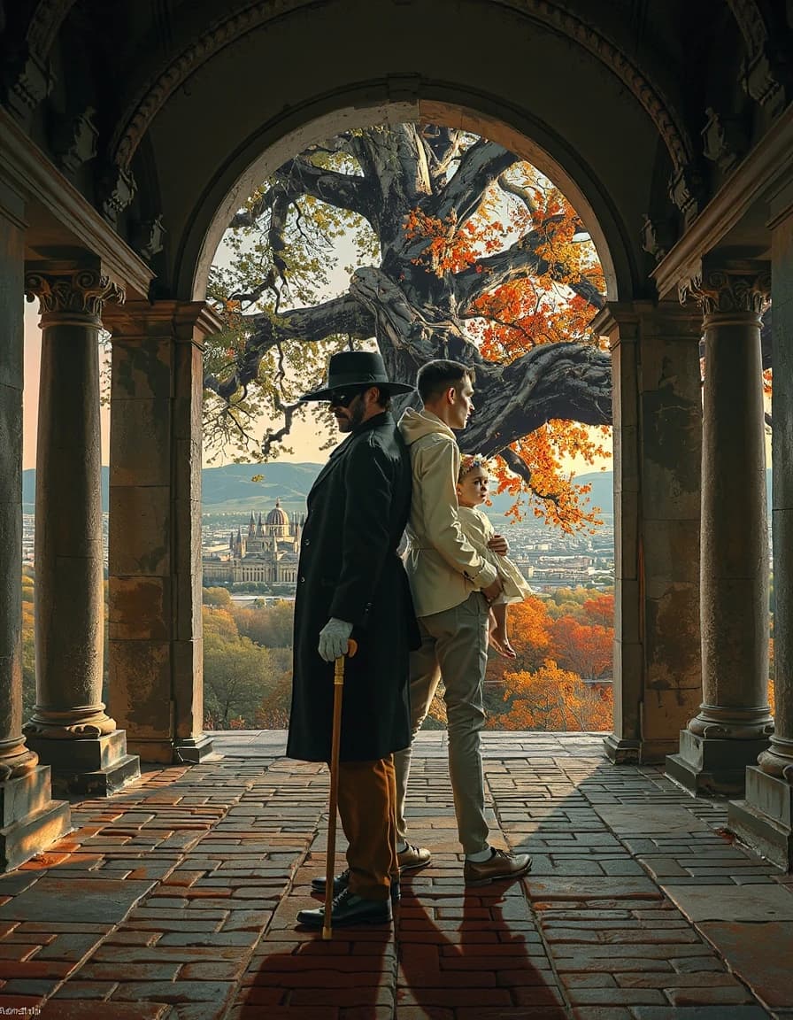 Dark fantasy book cover illustration strictly in the style of Rita Hoffman "Мрачный взвод" series covers — stylized digital painting, clean sharp lines, strong character focus, dramatic atmospheric background, high contrast, slightly painterly but precise. Two adult men standing back to back in an open stone gallery (arcade with columns). On the left — a plague doctor of the same height as the other man (he only appears taller because of the wide-brimmed hat). He wears a long black coat, classic beaked mask and hat, his cane is planted firmly on the brick floor. On the right — a man with short dark hair and distinct gray temples, wearing a light open linen shirt and brown trousers, holding his young blonde daughter in his arms. The girl wears a white dress and a flower crown, her arms wrapped around his neck, looking at his face. The two men stand close, backs almost touching. Through the open arches of the gallery a vast city is visible. In the middle of the city stands an enormous ancient tree so huge that it does not fit entirely into the frame — only the massive trunk and lower part of the crown are visible. The trunk of the tree is encircled by a large manor estate. Split world and lighting: on the side of the man and girl — bright clear spring day with green foliage and warm daylight; on the side of the plague doctor — dark autumn evening in deep red and crimson tones with orange-brown leaves. Strong contrast between the two halves of the scene. Brick pavement under their feet, cinematic book cover composition, high detail on characters.