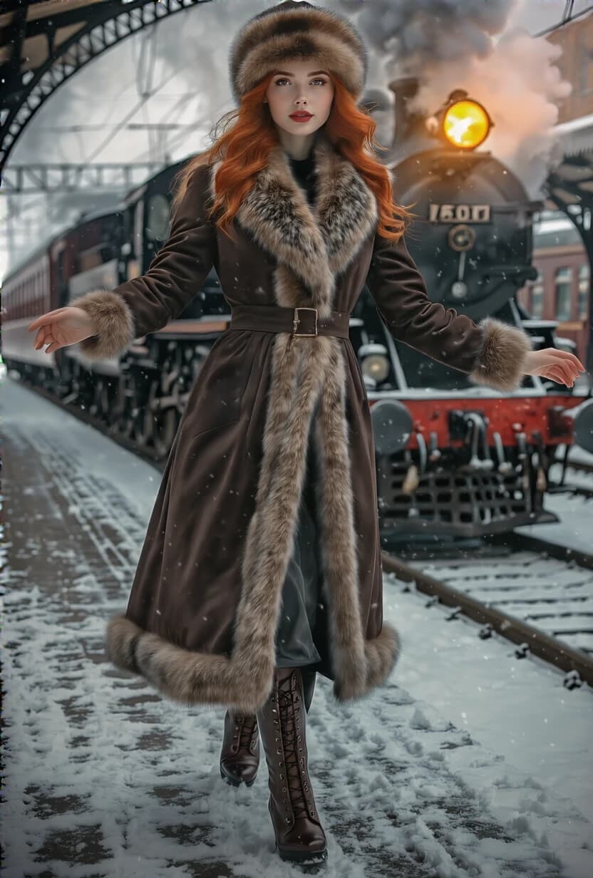 A full-length photorealistic portrait of a young woman with red hair hidden under a fur hat walking along the snowy platform of a railway station. She is depicted in a dynamic pose, taking a step forward with her arms spread wide, as if greeting someone or enjoying the moment. She is wearing a luxurious long black chocolate coat trimmed with thick natural fur and an elegant fur hat. The look is complemented by high lace-up leather boots. In the background, an ancient steam locomotive stands majestically with a brightly burning yellow lantern, from the chimney of which thick white steam is pouring out, mixing with the falling snow. The surroundings are vintage Art Nouveau station architecture, with metal arches extending into the haze. The lighting is soft, cinematic, with a warm golden glow from the train's headlights, which contrasts with the cold bluish-gray tones of a winter day. The color palette is based on a combination of deep brown, coffee and golden shades of fur with the cold white color of snow. The image style resembles a shot from a high-budget historical film, with highly detailed textures of fabric, fur and snowflakes, creating an atmosphere of nostalgia, romance and a winter fairy tale.