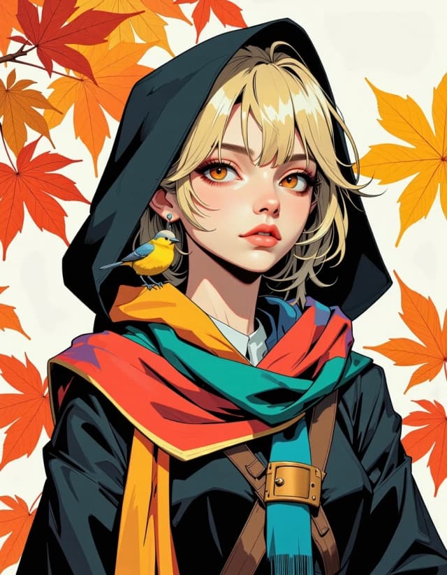 A masterpiece,  in the style of the 1980s, with bold lines, dynamic strokes and rich textures, on background with a touch of nostalgia, perhaps with subtle drawings inspired by cellulose and vintage, worn textures similar to paper,oil painting, detailed illustration of a girl with blonde hair and brown eyes wearing a dark hooded cloak and a multicolored scarf. the background features autumn maple leaves in shades of orange and yellow, with some drifting in the air against a neutral background. a small bird sits on her shoulder. the art style combines soft digital painting with clean anime line work, focusing on warm autumn tones. celshading, simple background