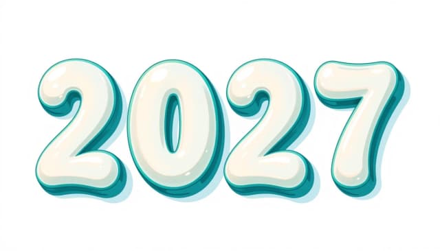 Крупные, чёткие объёмные цифры «2027» на изолированном чистом белом фоне. Каждая цифра «2», «0», «2», «7» написано идеально правильно и разборчиво. Шрифт в мультяшном стиле: цифры супер-пухлые, толстые, идеально округлые и гладкие, как колобки. Цвет цифр – чистый глянцевый белый со светлыми жемчужными бликами. Каждая цифра имеет тонкую, но чёткую аккуратную контурную линию нежно голубого или салатового цвета. Мягкие тени придают буквам выразительный 3д-объём. Лаконичный, позитивный и милый дизайн, шедевр, 8к