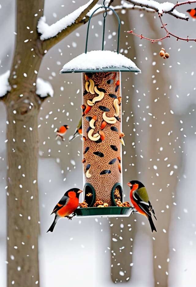 A high-action, eye-level wildlife photograph capturing a wooden circular bird feeder filled with seeds and nuts, set against a backdrop of clean, white, out-of-focus snow. The scene is bustling with various songbirds, including vibrant bullfinches with their iconic orange-red breasts, black caps, and gray wings, alongside yellow-green siskin-like birds. Several birds are captured mid-flight, wings spread wide to reveal intricate feather patterns, creating a dynamic sense of motion and energy. Others are perched on the rustic, bark-rimmed wooden platform, pecking at the scattered feed. The lighting is soft and diffused, characteristic of an overcast winter day, highlighting the delicate textures of the birds' plumage and the raw, natural grain of the wood. The composition is centered on the feeding station, emphasizing the chaotic yet harmonious interactions of the small birds. The overall atmosphere is crisp, cold, and serene, showcasing the beauty of nature in winter. The image uses a shallow depth of field, ensuring the focus remains sharp on the birds and their frenetic activity.