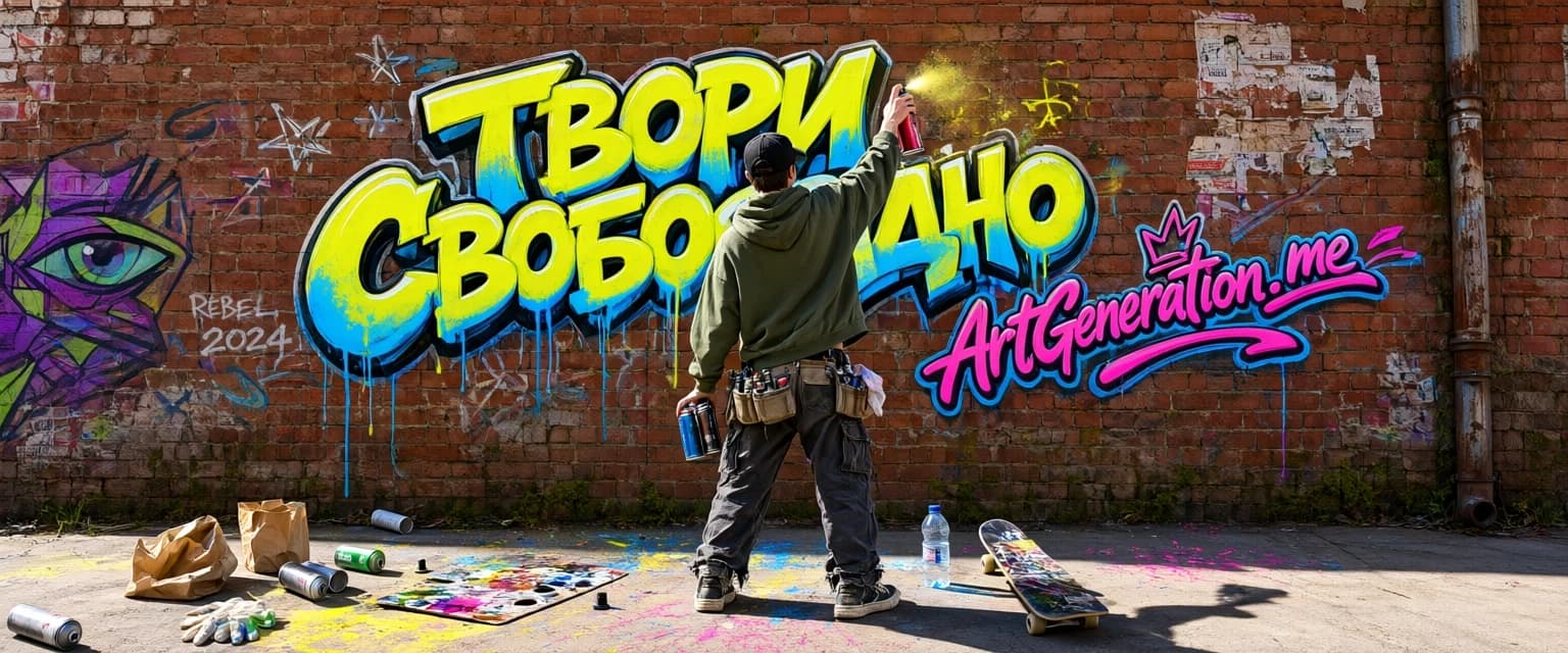 Готовый кадр городского стрит-арта, горизонтальный 3:2, до 2K, солнечный день. Старая кирпичная стена с художественным граффити, крупная объёмная надпись кириллицей «ТВОРИ СВОБОДНО», рядом в едином стрит-арт стиле вписан тег «ArtGeneration.me» — часть композиции, а не подпись. Молодой художник с баллончиком спиной к зрителю, динамичные брызги краски, детализированная фактура кирпича, контровой свет, реалистичные тени.