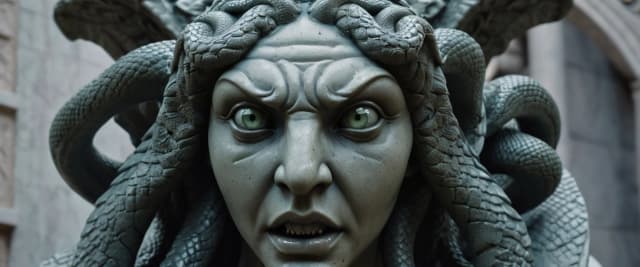 Photorealistic close-up of a Medusa gargoyle statue, looking directly into the camera with a menacing gaze, eye contact. The snakes on her head are highly detailed, sharp, and clearly defined, with visible scales and flickering tongues. Cinematic lighting, architectural texture of weathered stone, sharp focus, 8k resolution, highly intricate details, gothic style. full face? black and gray