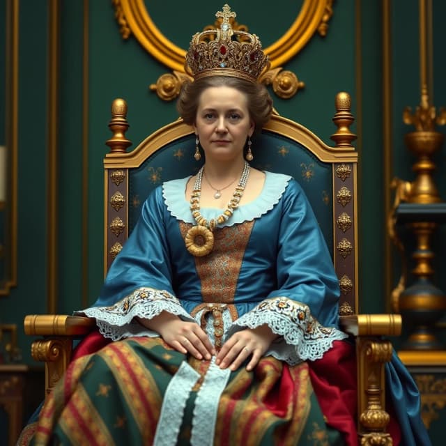 Create an image of Catherine the Great sitting on the throne in the style of Wes Anderson with high detail