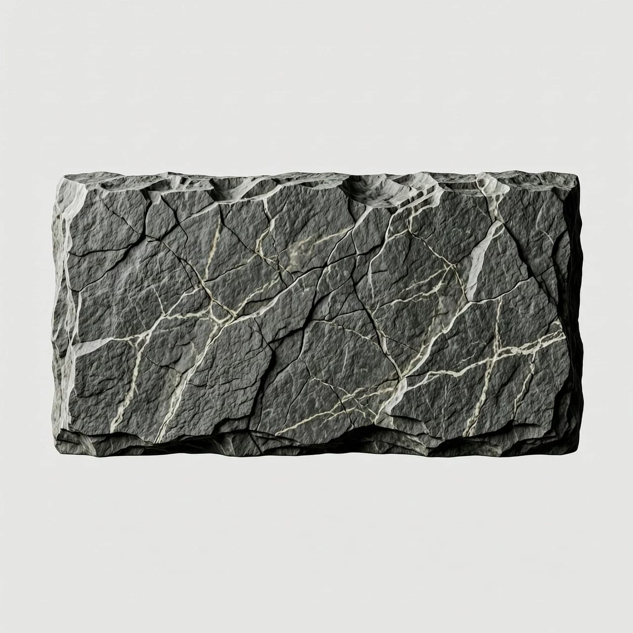 A high-quality isolated asset for Photoshop: a rectangular floating slab made of textured dark grey granite stone, designed as a text background plate. The stone features realistic micro-cracks, subtle mineral veins, and a rugged, weathered surface with fine granular details. Cinematic side lighting to emphasize the tactile relief and heavy texture. Sharp focus, macro photography style, studio lighting. The object is centered on a solid, clean, plain white background for easy masking and removal. Hyper-realistic 8k render, photorealistic stone material, neutral moody atmosphere, high contrast between light and shadow on the stone edges.