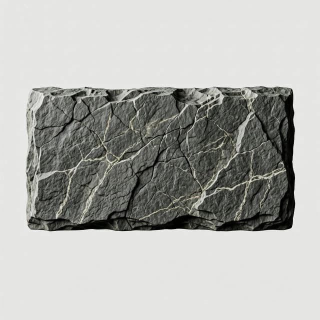 A high-quality isolated asset for Photoshop: a rectangular floating slab made of textured dark grey granite stone, designed as a text background plate. The stone features realistic micro-cracks, subtle mineral veins, and a rugged, weathered surface with fine granular details. Cinematic side lighting to emphasize the tactile relief and heavy texture. Sharp focus, macro photography style, studio lighting. The object is centered on a solid, clean, plain white background for easy masking and removal. Hyper-realistic 8k render, photorealistic stone material, neutral moody atmosphere, high contrast between light and shadow on the stone edges.