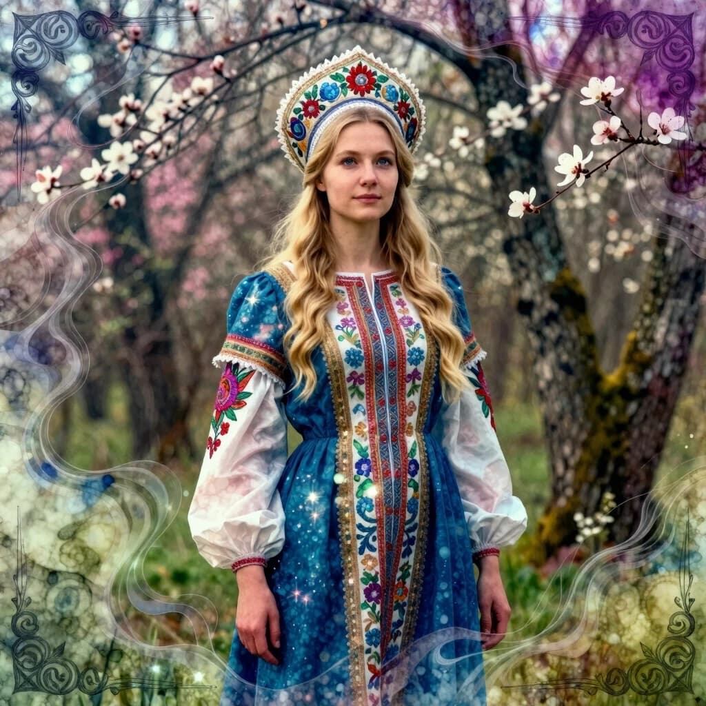 Russian Russians: A detailed portrait of a young woman of Slavic appearance from the 16th century in a traditional long Russian sundress and a traditional Russian cocoanut headdress, with blonde hair against the background of a spring blooming forest, in full growth. In the Glitter style: magical realism, natural symphony, shapes dissolve into color, lines flow like water, translucent layers with a watercolor texture, intricate ornaments at the corners of the composition.
High quality, 4k, octane, cinematic lighting, dramatic composition, eyes with increased detail, delicate skin texture, professional photography, depth of field, Leica camera, artstation trends, spectacular lighting, mystical atmosphere, detailed textures, volumetric lighting, works by Viktor Vasnetsov and Ivan Bilibin, gouache painting style, style Russian fairy tales, photorealism. An atmosphere of joy and serenity.
