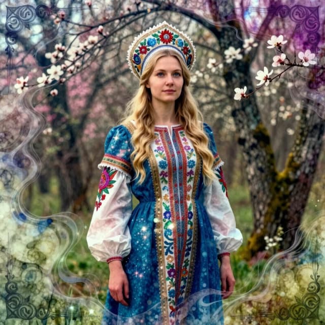 Russian Russians: A detailed portrait of a young woman of Slavic appearance from the 16th century in a traditional long Russian sundress and a traditional Russian cocoanut headdress, with blonde hair against the background of a spring blooming forest, in full growth. In the Glitter style: magical realism, natural symphony, shapes dissolve into color, lines flow like water, translucent layers with a watercolor texture, intricate ornaments at the corners of the composition.
High quality, 4k, octane, cinematic lighting, dramatic composition, eyes with increased detail, delicate skin texture, professional photography, depth of field, Leica camera, artstation trends, spectacular lighting, mystical atmosphere, detailed textures, volumetric lighting, works by Viktor Vasnetsov and Ivan Bilibin, gouache painting style, style Russian fairy tales, photorealism. An atmosphere of joy and serenity.