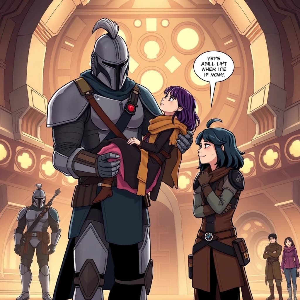 A deeply emotional graphic novel art from Star Wars rebels. Inside the grand metallic hall of Clan Wren fortress. A tall, strong Mandalorian father with grey-streaked hair (Alrich Wren) is gently carrying his teenage daughter (Sabine Wren) in his arms like a treasure, handing her over to a young boy with blue-black hair (Ezra Bridger). Ezra is looking up with wide, shocked, and tearfully happy eyes, ready to receive her. In the background, the fierce mother (Ursa Wren) stands next to her husband, nodding with approval, while a group of rebel friends watch with emotional smiles. Soft warm hearth lighting, high contrast, dramatic storytelling layout, clean detailed linework, Star Wars universe.