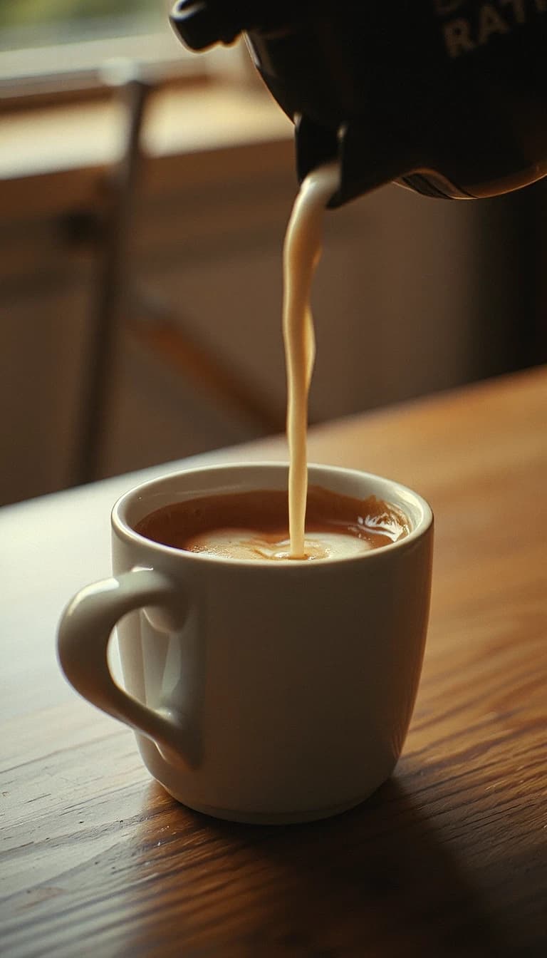 Cinematic premium coffee commercial, warm sophisticated atmosphere, realistic photography, shallow depth of field, beautiful natural morning light, subtle film grain, elegant camera movement.
Scene: freshly brewed espresso slowly pouring into a beautiful ceramic cup. Extreme close-up, rich crema forming on the surface, dramatic warm backlight, slow motion. Milk being poured into the coffee, creating an elegant latte art pattern. Smooth controlled movement, beautiful steam.
Mood: inspiring, warm, premium, comforting, sophisticated.