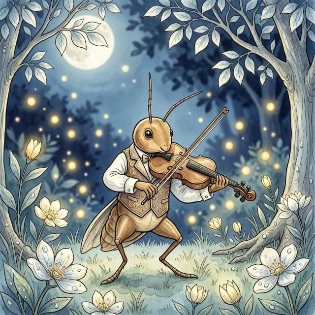 masterpiece, ultra-detailed illustration in the style of classic vintage children's book watercolor art with pronounced cold-pressed paper texture and delicate fine ink linework. Maestro Cricket, a tiny anthropomorphic insect conductor, dressed in an intricately tailored festive waistcoat, passionately plays a graceful violin mid-bow stroke, captured in dynamic yet elegant motion. The nocturnal garden scene is bathed in soft, diffused magical moonlight filtering through semi-translucent foliage, creating ethereal inner glow and gentle pools of light. Trees rendered in noble silver and deep cerulean tones under the radiance of a full moon. Atmosphere of absolute serenity, profound peace and deep slumber. Background features soft, creamy artistic bokeh of twinkling golden fireflies and deep velvety indigo shadows of the night garden. Extreme macro detail: microscopic dew drops on petals and thin blades of grass reflecting cool lunar highlights. Cinematic medium shot composition focused on the character, creating an intimate sense of wonder and enchantment, multi-layered transparent watercolor technique. --ar 3:4 --q 2 --s 50