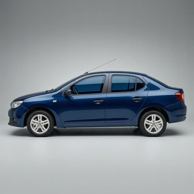 Renault Logan sedan, deep blue metallic paint, dark blue tinted windows, studio lighting, side view, clean background, photorealistic, high detail