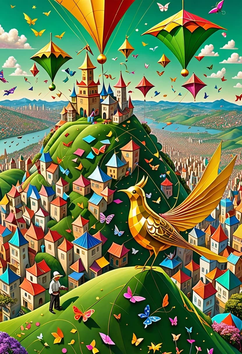 A fantastical master kite maker stands on top of a green hill surrounded by enormous floating creations. He is building an extraordinary golden bird-shaped kite decorated with delicate patterns and shimmering ribbons. Hundreds of tiny kites resembling butterflies, fish, birds and stars fill the sky around him. Below the hill lies a magical town with towers, gardens and colorful rooftops. The sky glows with golden-pink sunset light. Enchanting atmosphere, wonder, freedom and dreams coming true. Fantasy realism, incredible detail, grand scale, vertical composition.