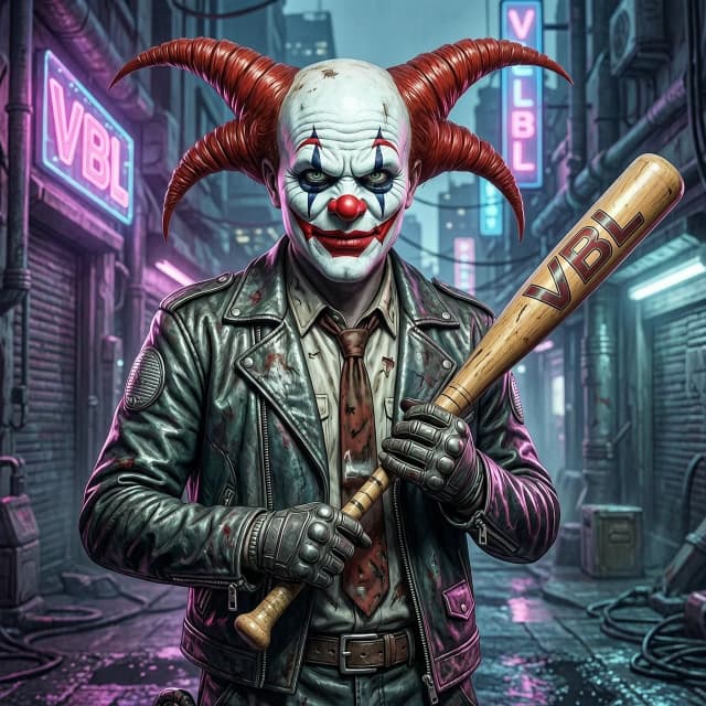 Нарисуй ультра реалистичного Клоуна в стиле cyberpunk, которы держит в руках бейсбольную  биту с надписью VBL