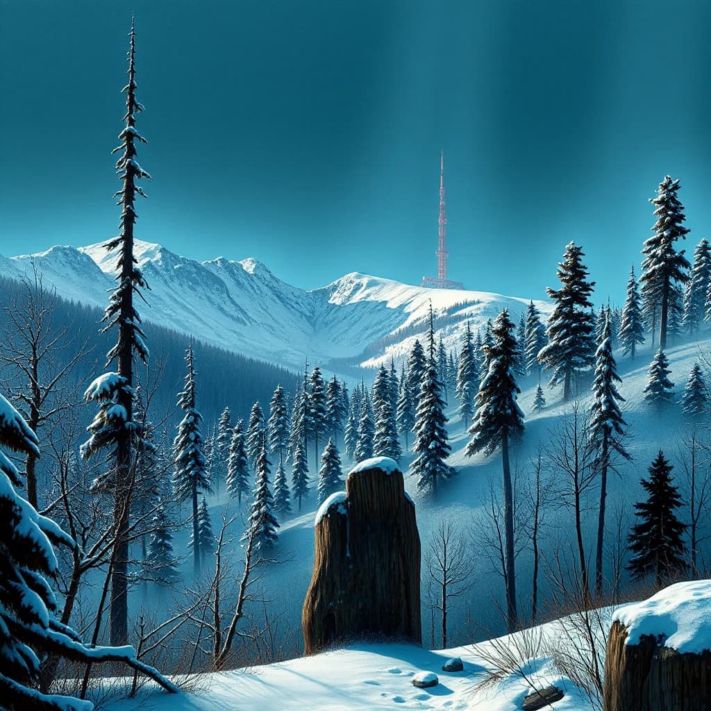 Conte Drawing of a landscape of a Unadvised [Remarkable|Gritty] Montane Forest, Snowing, Nanopunk, specular lighting, 50mm, by John Wilhelm, Tony Cragg and Eric Deschamps, magic atmosphere, cinematic atmosphere, set logical ambient background, exquisite color, cinematic perfect intricate stunning fine detail