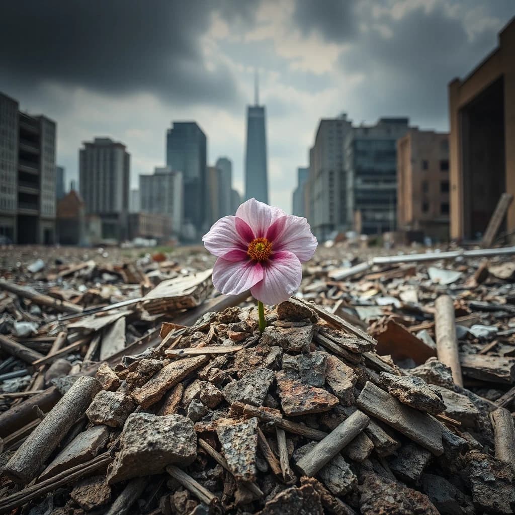 a pink flower sitting on top of a pile of rubble, in a ruined cityscape, life and death, amazing contrasting background, by Wu Wei, by Weiwei, contrast picture, techno-optimism, the world between death and life, sense of hope, destroyed nature, rule of thirds composition, standing atop a pile of rubble, by Zou Yigui, desolated wasteland