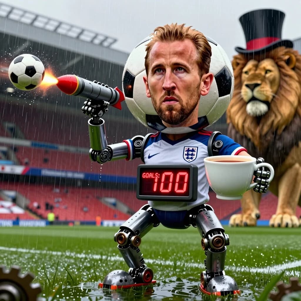 Hyper-exaggerated, grotesque caricature of Harry Kane, instantly recognizable by his strong jawline, serious demeanor, and English captain's armband. His head is literally a massive football with his face painfully imprinted on it, the laces forming his hairline. One of his arms has transformed into a rocket launcher that fires smaller footballs, each with his own face. The other arm is holding a giant cup of tea, and his chest is a digital display showing "GOALS: 100" in flashing red. His legs are robotic, with gears and exhaust pipes, and he stands in a rainy English stadium with a giant lion wearing a top hat in the background. The pitch is flooded with rain, and he looks absolutely unbothered. Industrial, detailed, patriotic, hyper-detailed, grotesque, 9:16 vertical. No text.
