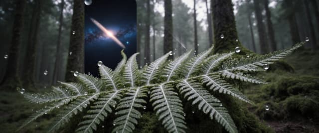Ультрареалистичная фотография, макро-съемка. Огромный старый папоротник в густом утреннем лесу. По центральной жилке каждого листа ползут тончайшие нити тумана, которые на самом деле являются миниатюрными млечными путями. Капли росы на листьях — это маленькие планеты с кольцами Сатурна, отражающие первые лучи солнца. На заднем плане сквозь деревья виден открытый космос с пролетающей кометой. Атмосфера абсолютного спокойствия и единства микро- и макрокосма. Текстура мха влажная и объемная, видны споры. Цветовая палитра глубокая лесная зелень, серебро и глубокий космос